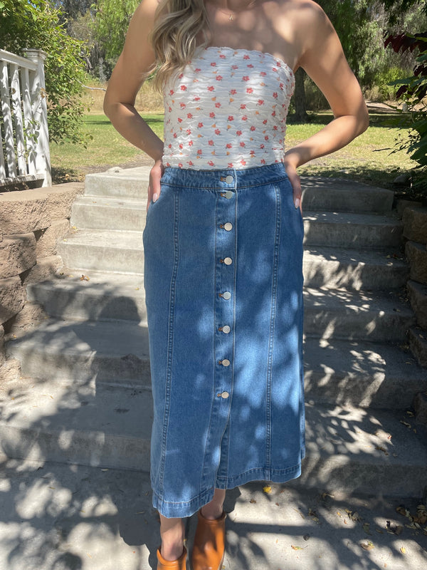 Nala Button Down Washed Denim Long Skirt