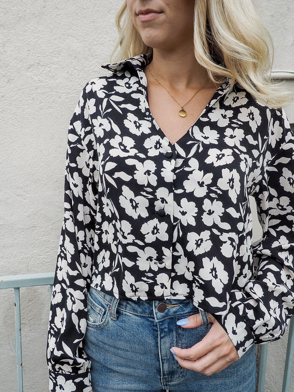 Day Flowers Button Front Blouse