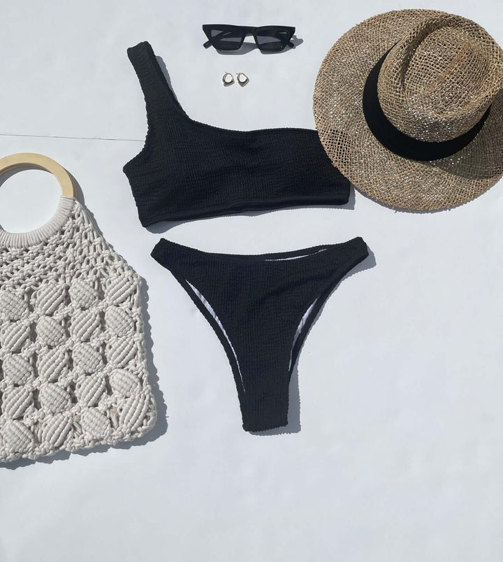 First Class Textured Black One Shoulder Swimsuit and Swimwear by Lovely Curated Things