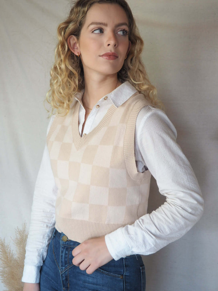 Iris Checkered V-neck Knit Sweater Vest and Sweaters by Lovely Curated Things