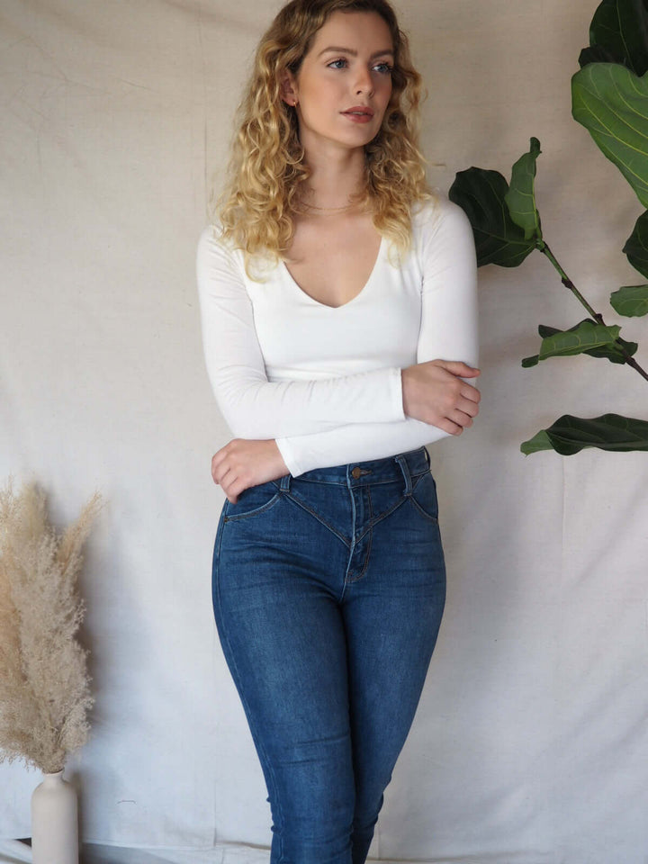 Long Sleeve V-neck Form Fitted Solid Tee and Tops by Lovely Curated Things