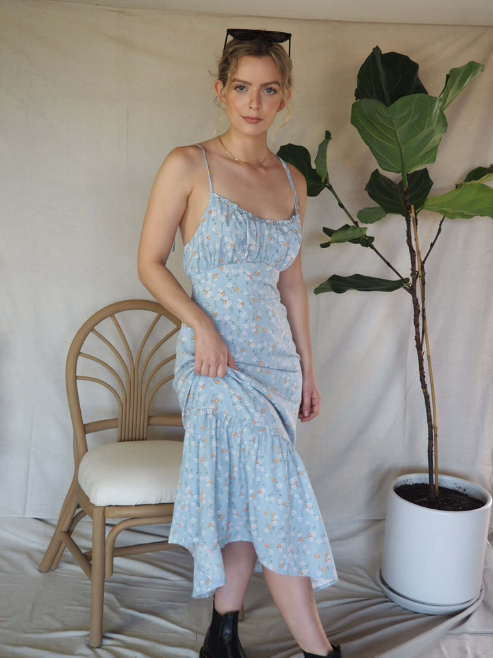 In the Blooms Light Blue Floral Midi Dress and Dresses by Lovely Curated Things