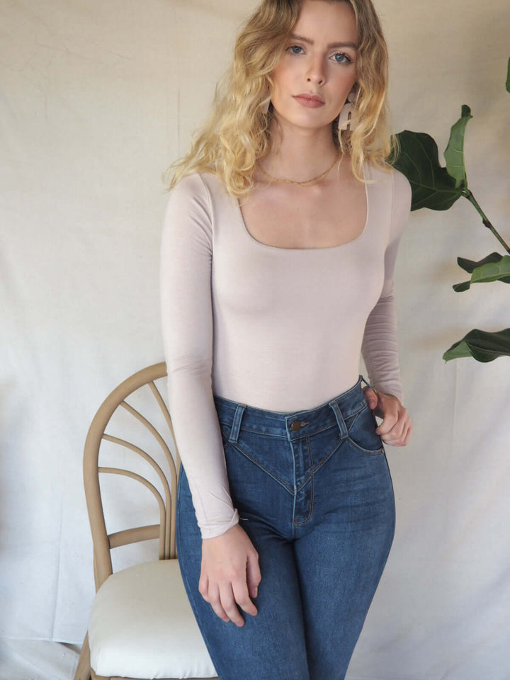 Janie Long sleeve square neck double layered bodysuit and Tops by Lovely Curated Things